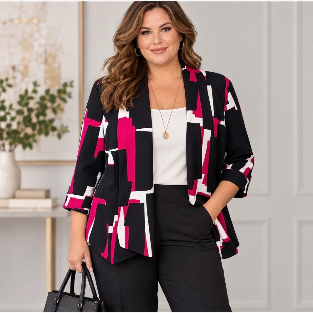 Jones Studio Geometric Open Front Blazer Plus 16W 3/4 Sleeve Pink Black Career